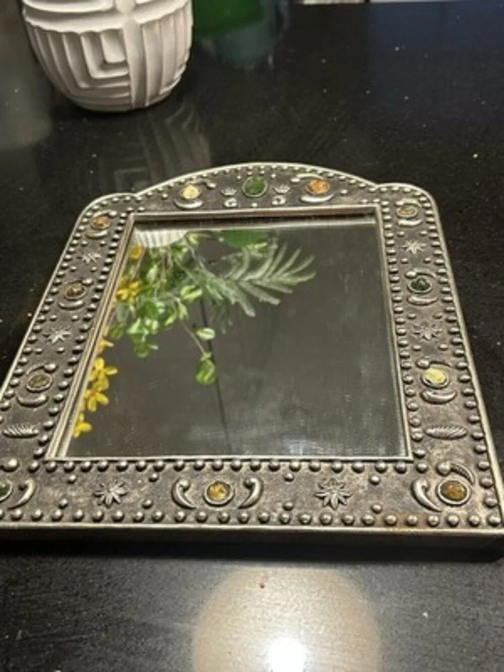 Vintage Moroccan Style Arched Metal Mirror – Handcrafted with Gemstone Hermitage